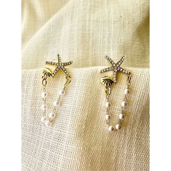 Gold color starfish and seashell pearl chain dangle earring ￼ - Picture 3 of 4
